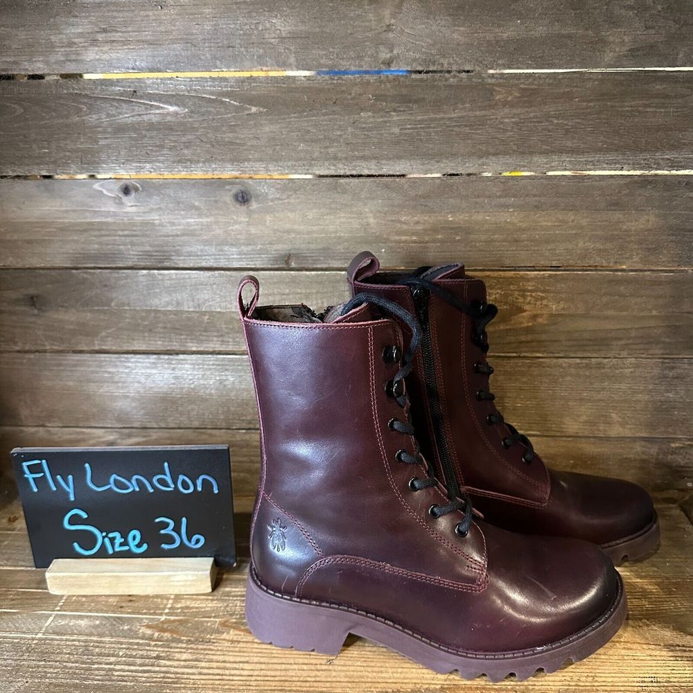 New Womens Fly London Reid Purple Leather Casual Comfort Combat Boots Size EU 36